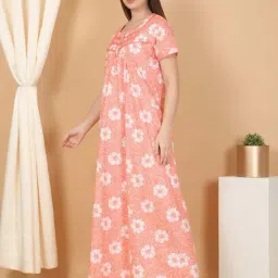 Sweet Dreams Peach Cotton Regular Fit Floral Print Nighty image 3