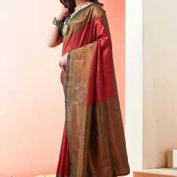 Satrani Maroon & Green Woven Saree With Unstitched Blouse image 4