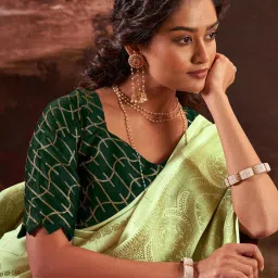 Satrani Green Woven Saree With Unstitched Blouse image 4
