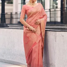 Satrani Peach Woven Saree With Unstitched Blouse image 4