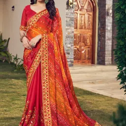 Satrani Red Printed Saree With Unstitched Blouse image 4
