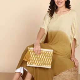Maaesa Mustard And White Three-Quarter Sleeves Kaftan Kurta image 4