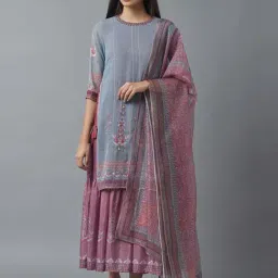 Wishful by W Grey & Purple Printed Double Layered A Line Kurta With Dupatta-image-88