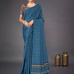 Saree Mall Blue Chequered Saree With Unstitched Blouse-picture-13