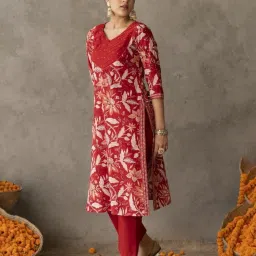 Akiso Reet Red Block Printed Pintuck Detail Straight Fit Kurta image 4