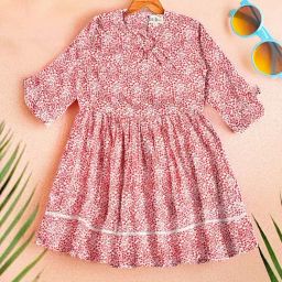 Bella Moda Girls Pink Cotton Three Fourth Sleeves Floral Printed Dress-picture-32