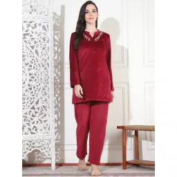 Kanvin Women Winter Embroidered Red Kurti with Pajama (Set of 2)-image-31