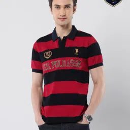 U.S. Polo Assn. Red & Black Cotton Slim Fit Striped Polo T-Shirt image 4