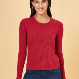 People by Pantaloons Maroon Cotton Self Pattern Sweater-picture-6