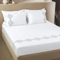 Sansaar White Cotton Geometric 210 TC Double Bedsheet with 2 Pillow Covers image 1