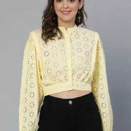 Oxolloxo Yellow Cotton Self Design Crop Shirt-image-29