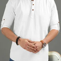 KNOWTED Mandarin Collar Roll-Up Sleeves Straight Short Kurta-image-78