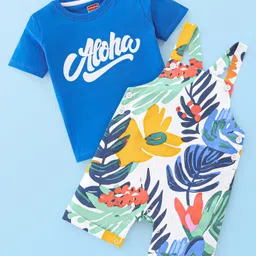 Babyhug Single Jersey Knit Dungaree & Half Sleeves T-Shirt Leaf Print - Multicolor-picture-12