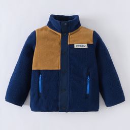 Kookie Kids Full Sleeves High Neck Collar Winter Fur Jacket with Text Patch - Navy Blue-picture-25