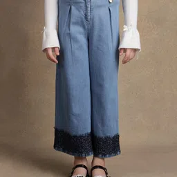 One Friday Cotton Denim Lace Embellished Jeans - Blue-image-73