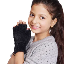 BHARATASYA Woollen Blend Fur Detailed Half Finger Gloves - Black-picture-42
