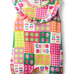 Babyhug 100% Cotton Knit Sleeveless Romper with Frill Detailing & Tropical Theme Print - Multicolor-picture-20