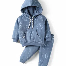 Teddy Fleece Knit Full Sleeves Winter Wear Hooded T-Shirt & Lounge Pant Set With Smiley Print - Navy Blue-picture-28