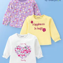Babyoye 100% Cotton Knit Eco Jiva Finish Full Sleeves Tops With Floral Heart & Text Print Pack Of 3 - Yellow Lilac & White-image-88