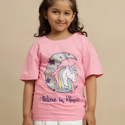 Kidsville Cotton Knit Half Sleeves Believe In Magic Text Printed Tee - Pink-image-14