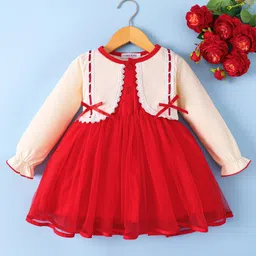 Mark & Mia Full Sleeves Party Dress With Bow Applique & Lace Detailing - Red image 1