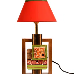 AAKRITI ART CREATIONS Table Lamp Handcrafted in Wood with Tribal Motifs & Red Shade. image 1