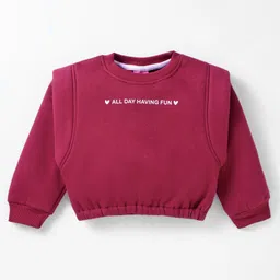 Little Kangaroos Fleece Knit Full Sleeves Winter Top & Lounge Pant Set With Text Print - Burgandy image 2