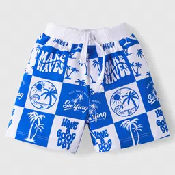 Babyhug Cotton Knit Mid Thigh Length Shorts with Beach Theme Print & Stripes Pack of 3 - Yellow & Blue image 2