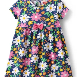 Babyhug Single Jersey Knit Half Sleeves Floral Printed Frocks with Bow Applique Pack of 2 - Navy Blue & Pink image 2