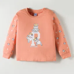 Tango Single Jersey Knit Full Sleeves Night Suit With Animal Print - Peach image 2