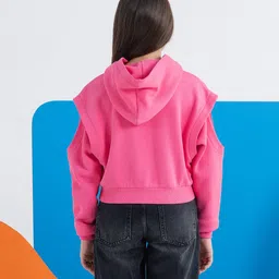 Spunkies Cotton Knit Full Sleeves Floral Applique Detailed Crop Hoodie - Pink image 3