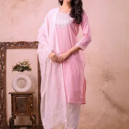 AUZAAI COLLECTION Women Striped Regular Pure Cotton Kurta with Trousers & With Dupatta-picture-25