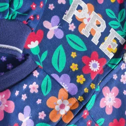 Babyhug Cotton Knit Full Sleeves Front Open Hooded Sweatjacket with Kangaroo Pocket Floral Print - Navy Blue image 3
