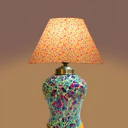 Aura White & Pink Floral Printed Frustum Shape Glass & Wooden Table Lamp image 3