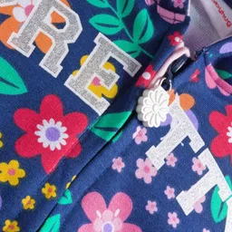 Babyhug Cotton Knit Full Sleeves Front Open Hooded Sweatjacket with Kangaroo Pocket Floral Print - Navy Blue image 4