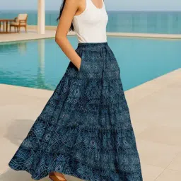 Moomaya Blue Regular Fit Geometric Skirt with Pockets image 3