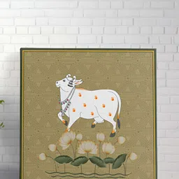 Myntra Elegant Homes Khaki & White Pichwai Cow Canvas Birds and Animals Wall Art image 2