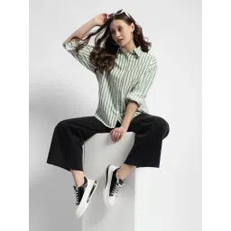 MADAME Sage Green & White Striped Shirt image 4