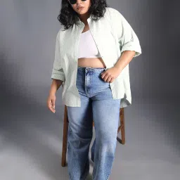 High Star White & Green Cotton Stripes Oversized Shirt image 3