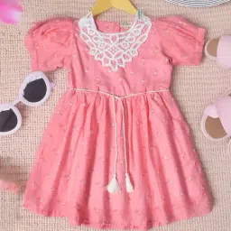 Bella Moda Girls Pink Cotton Half Sleeves Floral Printed Dress-image-1
