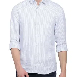 Calvin Klein Blue Linen Slim Fit Striped Shirt-image-43