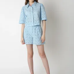 Vero Moda Sky Blue Cotton Self Design Crop Shirt image 4