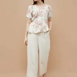 Code By Lifestyle Beige Cotton Regular Fit Floral Print Top image 4