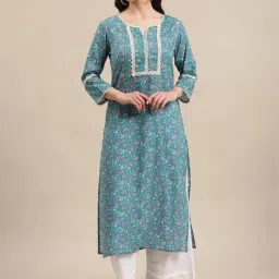 Varanga Blue Cotton Floral Print Straight Kurta-picture-23