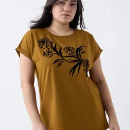 Gia by Westside Mustard Floral Detailed Cotton T-Shirt-image-97