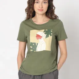Vero Moda Olive Cotton Printed T-Shirt-image-2