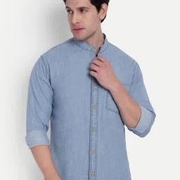 COSMIC Band Collar Roll-Up Sleeves Denim Shirt-picture-40