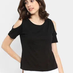 appulse Black Solid Cold Shoulder Pure Cotton Top-picture-13