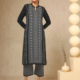 Soch Black Floral Woven Design Mandarin Collar Acrylic Straight Kurta With Trouser-image-70