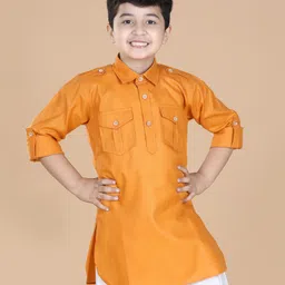 AJ Dezines Pure Cotton Full Sleeves Solid Pathani Kurta - Orange-picture-13